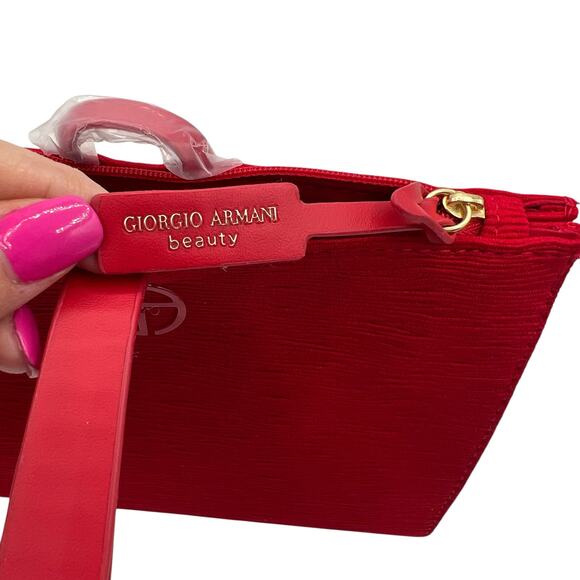 Giorgio Armani Red Beauty Zipper Wristlet Cosmetic Bag Clutch Textured Zip Top - Picture 4 of 11